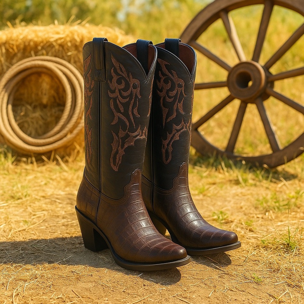 Circle G Caiman Exotic Brown Leather Pointed‎ Toe Western Boots Women's Size 7.5